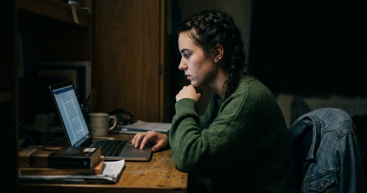 A young woman reads her laptop screen late at night, her face lit only by the display, expression focused and uncertain.