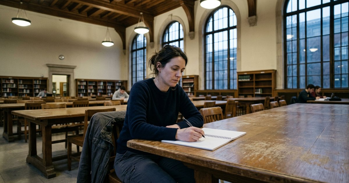 A woman sits alone at a library table, pen in hand, staring at a blank notebook page.