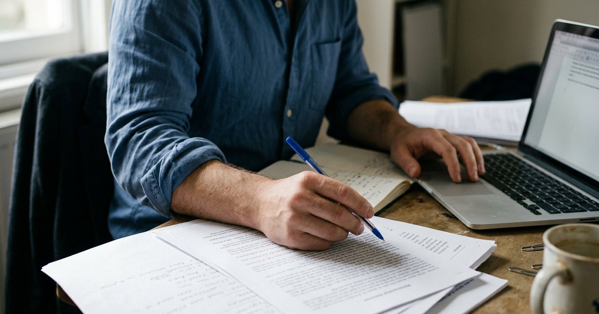 Close-up of hands with a pen over a printed page beside a laptop, shirt cuffs rolled, shallow focus.