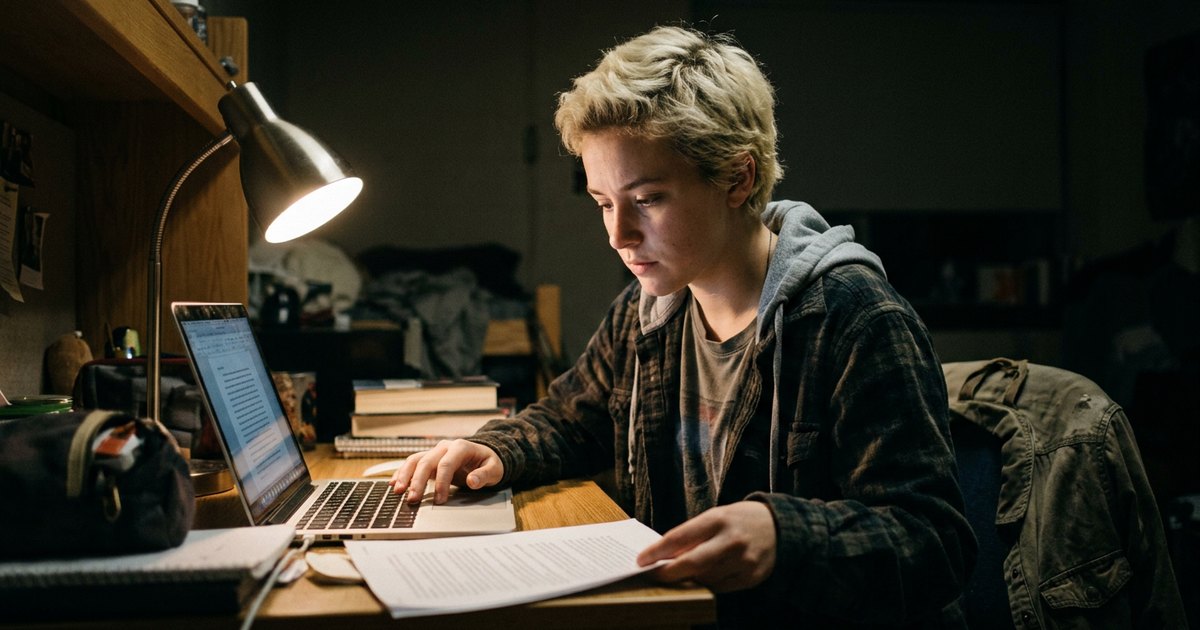A young woman reads a printed page under a lamp at night, one hand on a keyboard, face turned down in concentration.
