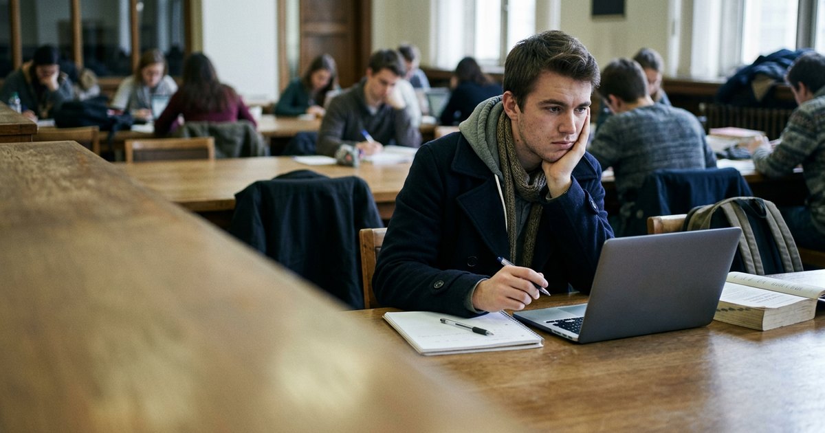 A student pauses over a handwritten citation at a library table, pen held still mid-word.