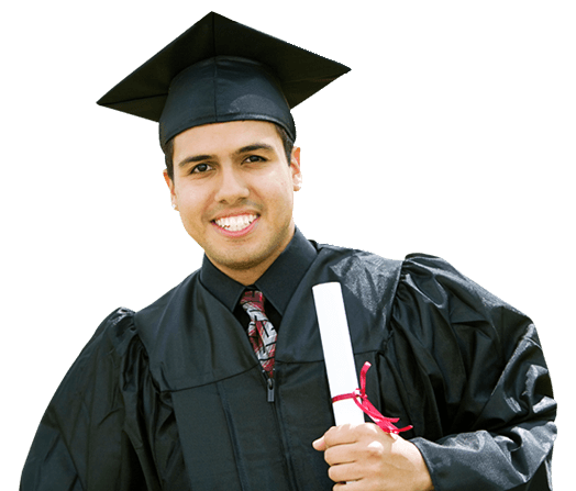 A smiling graduate in cap and gown holding a diploma